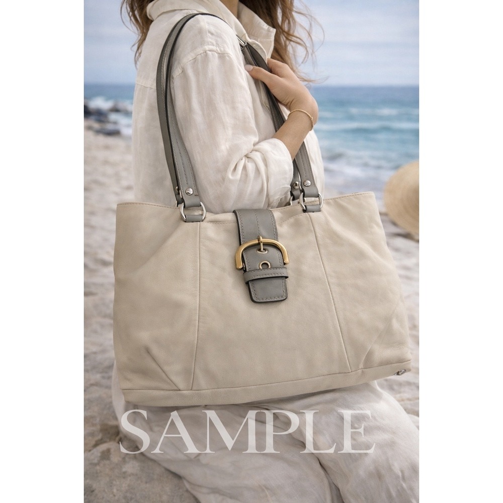 Coach Leather Tote Bag Cream Ivory Gray Trim Buckle Front Shoulder Bag 11875